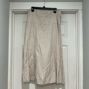 For Cynthia tan & white striped linen/cotton blend maxi skirt, size medium.